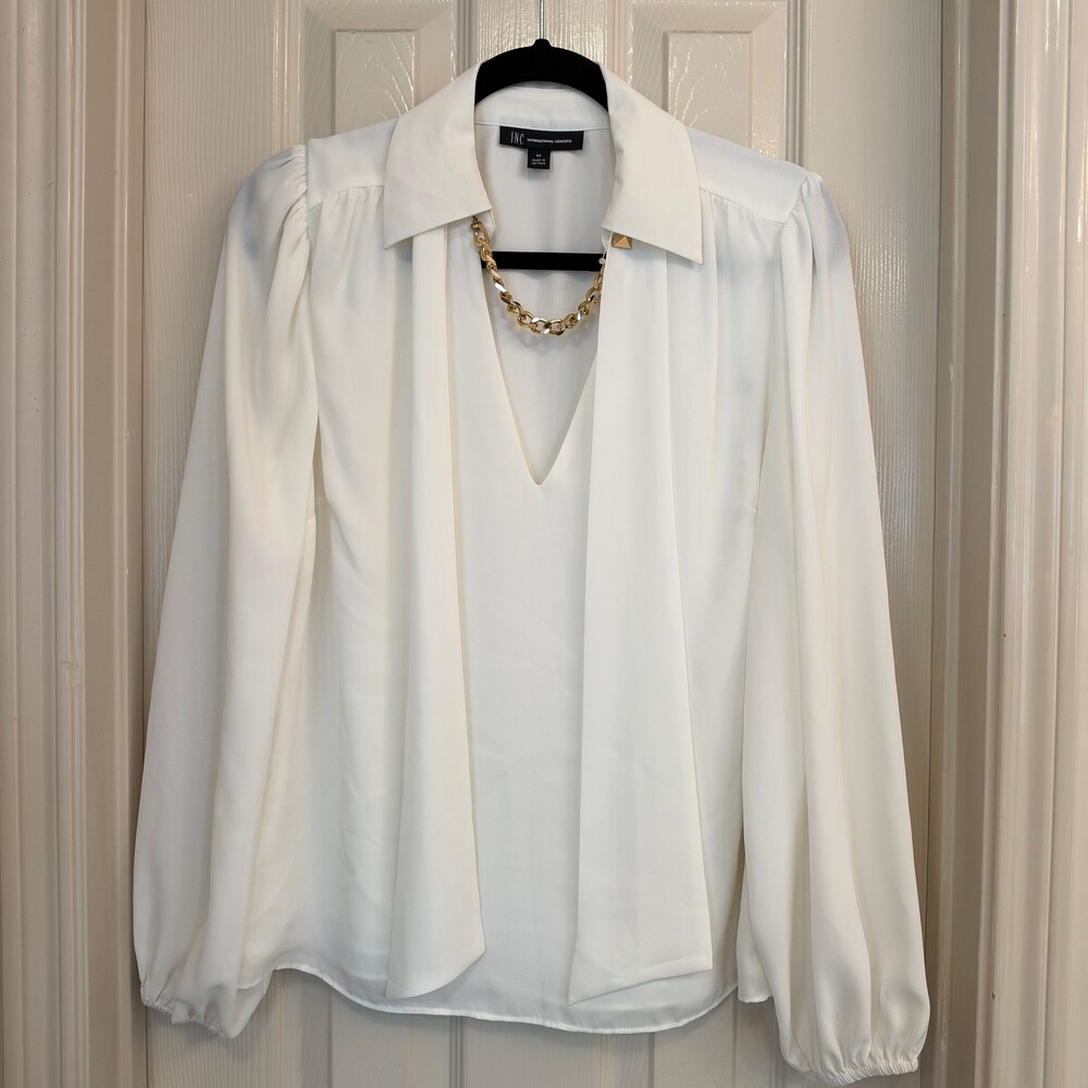 I.N.C International Concepts White Medium Blouse with Scarf and Gold Chain Detai